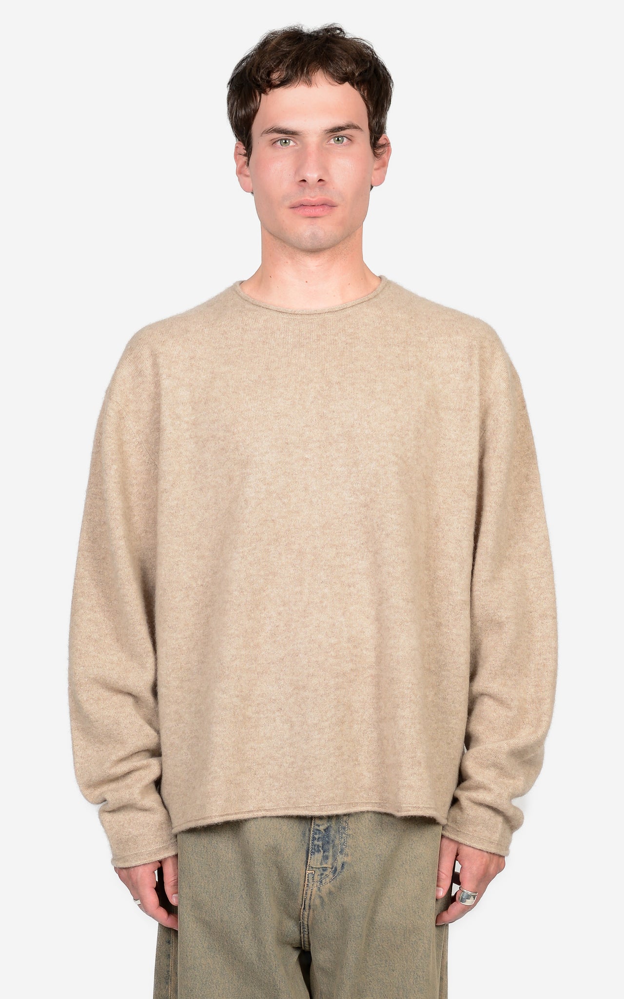 100% CASHMERE OVERWASHED ROLL-EDGE CREW