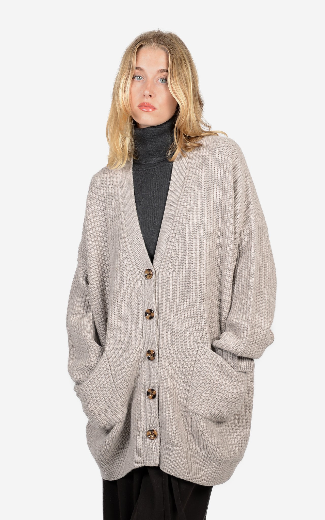 MERONO-WOOL & CASHMERE LONG RIB-KNIT CARDIGAN