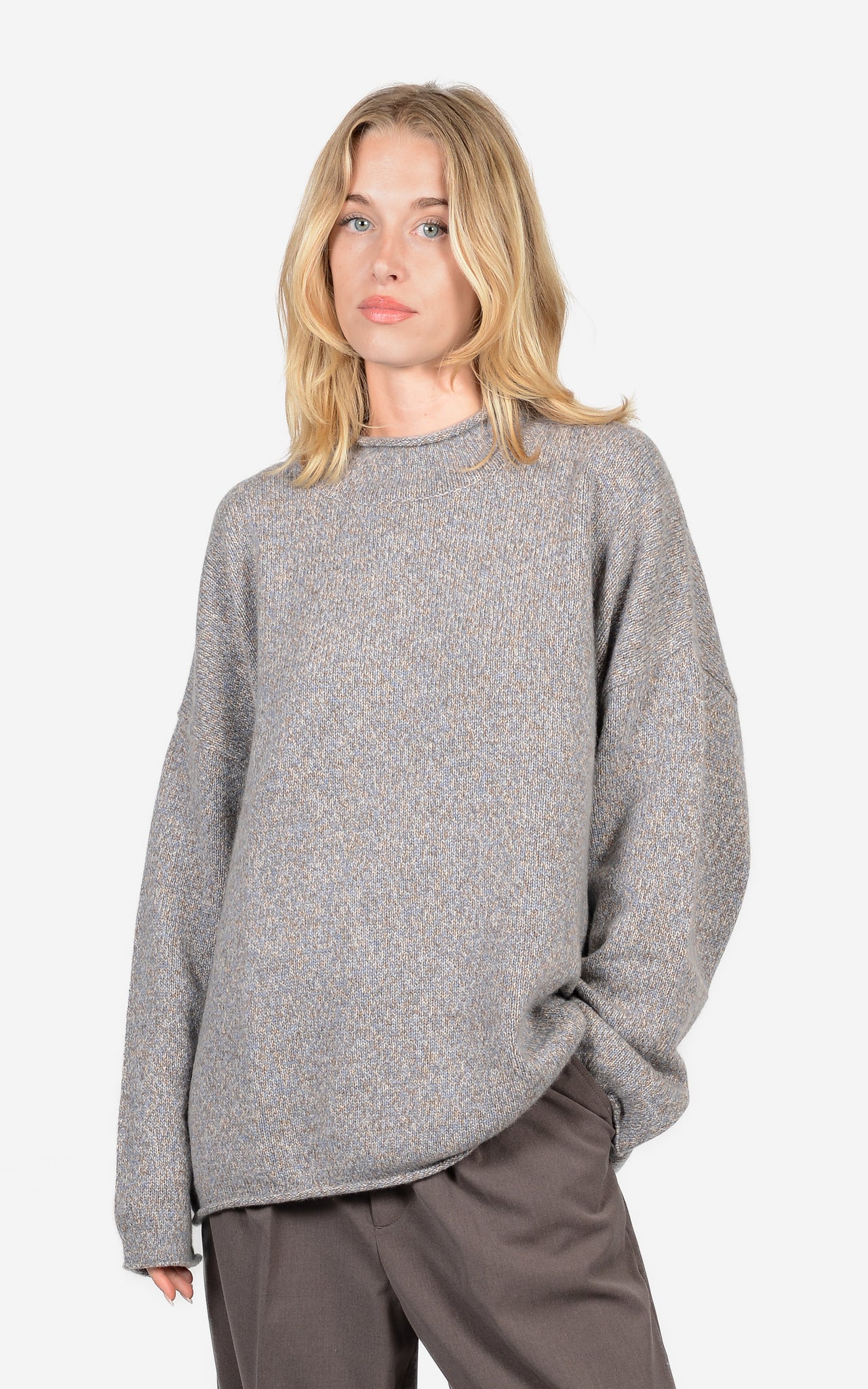 100% CASHMERE MARL ROLL-EDGE CREW