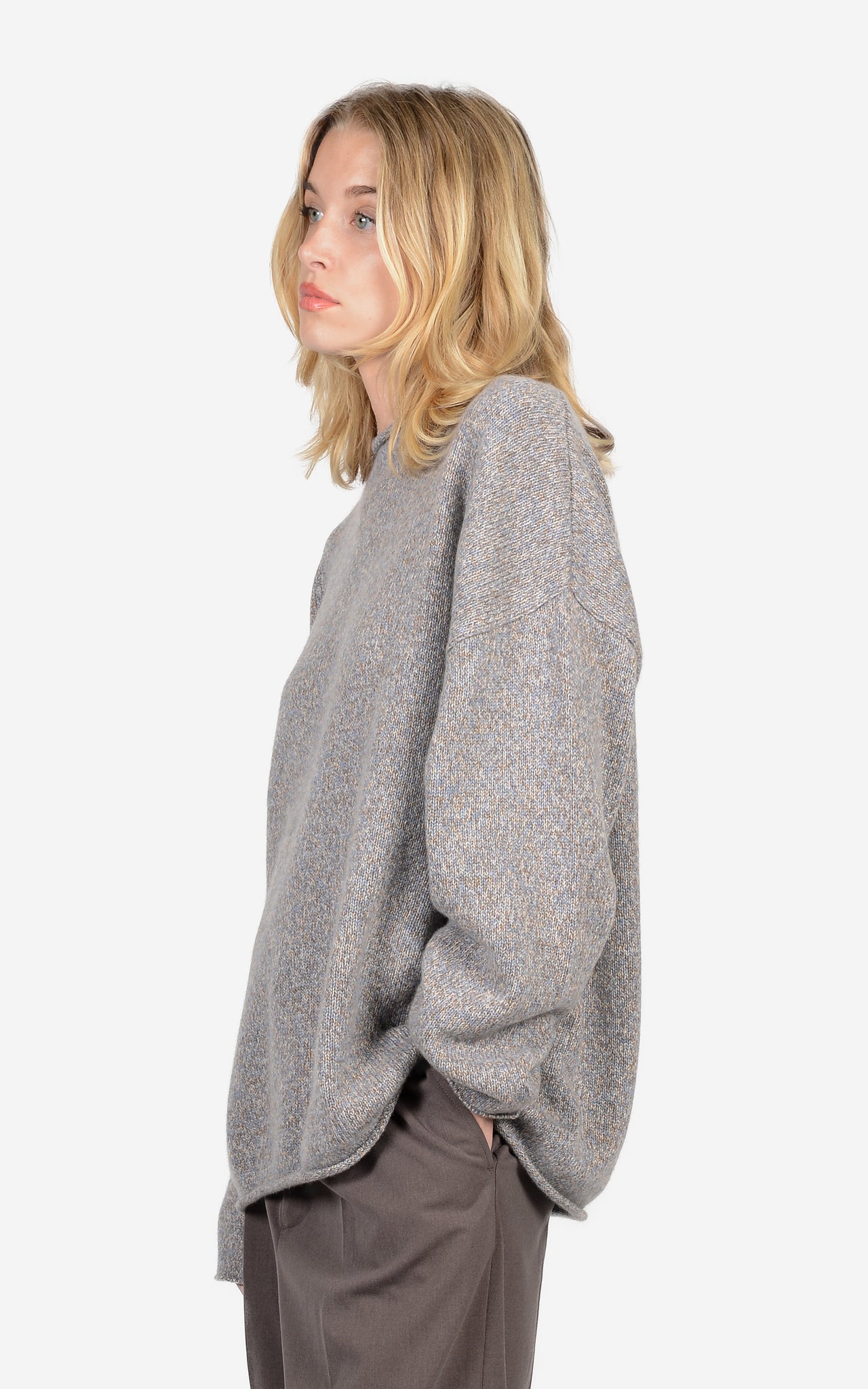 100% CASHMERE MARL ROLL-EDGE CREW