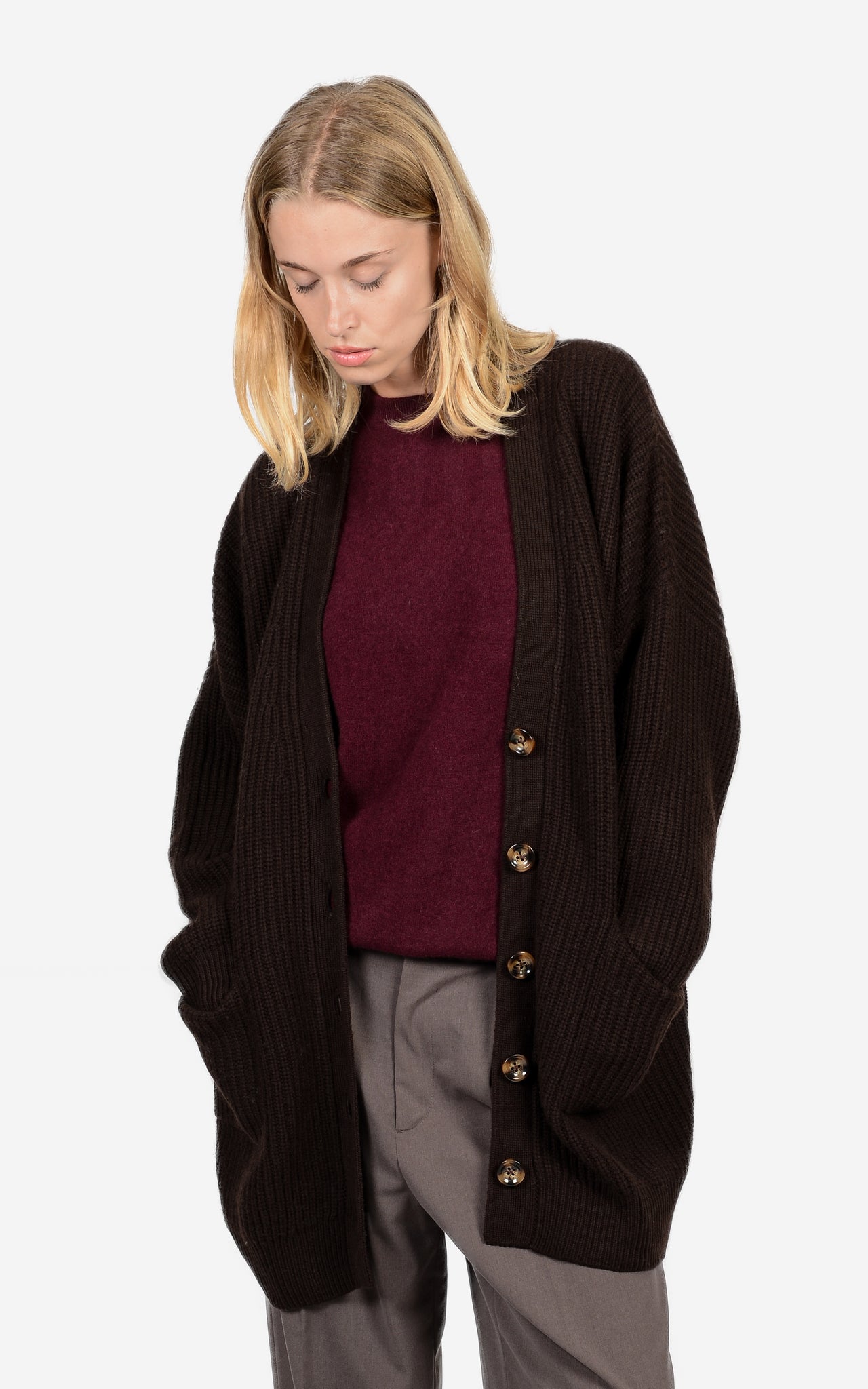 MERONO-WOOL & CASHMERE LONG RIB-KNIT CARDIGAN