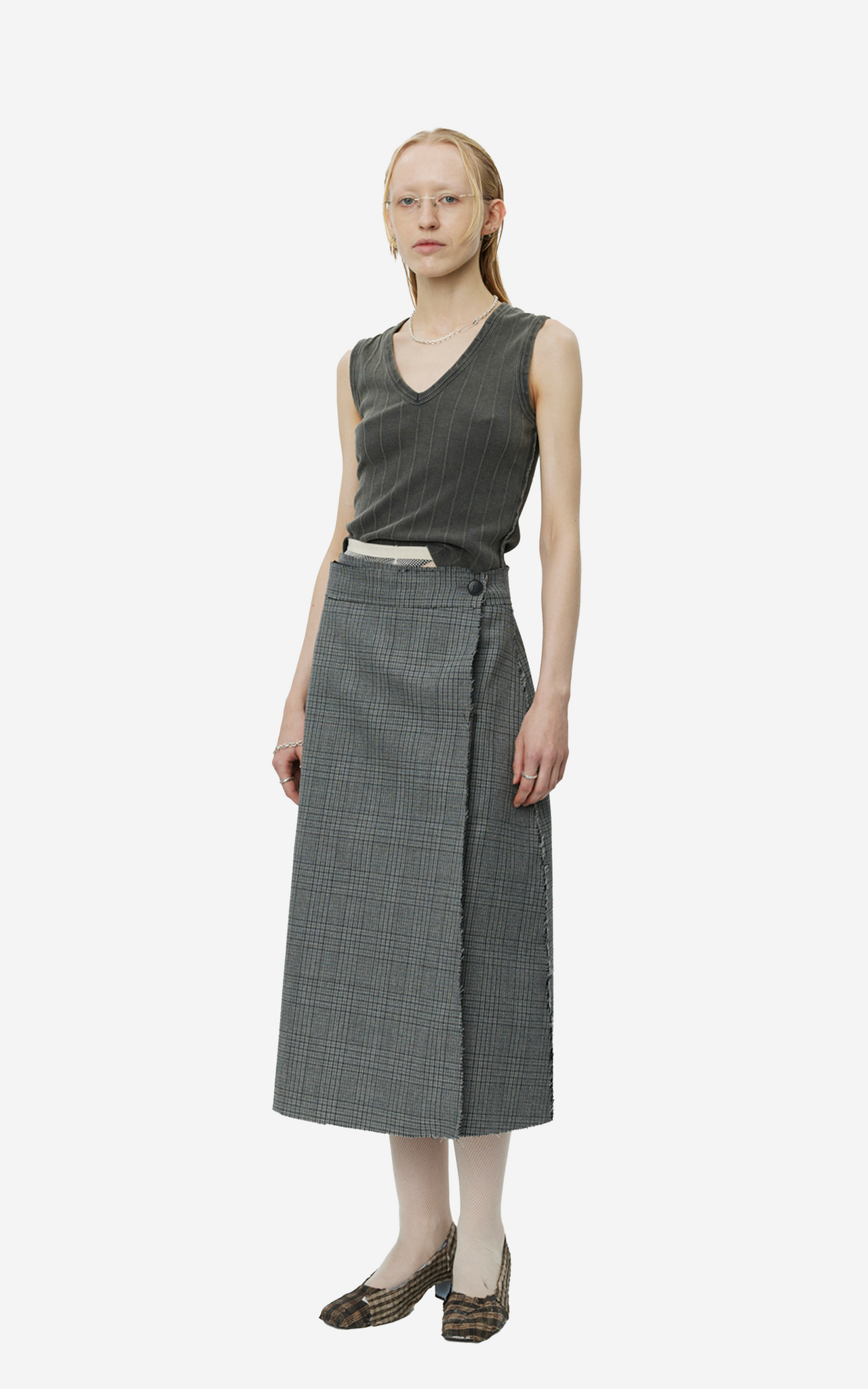 HEAVY WOOL WRAP SKIRT GREY GLEN CHECK