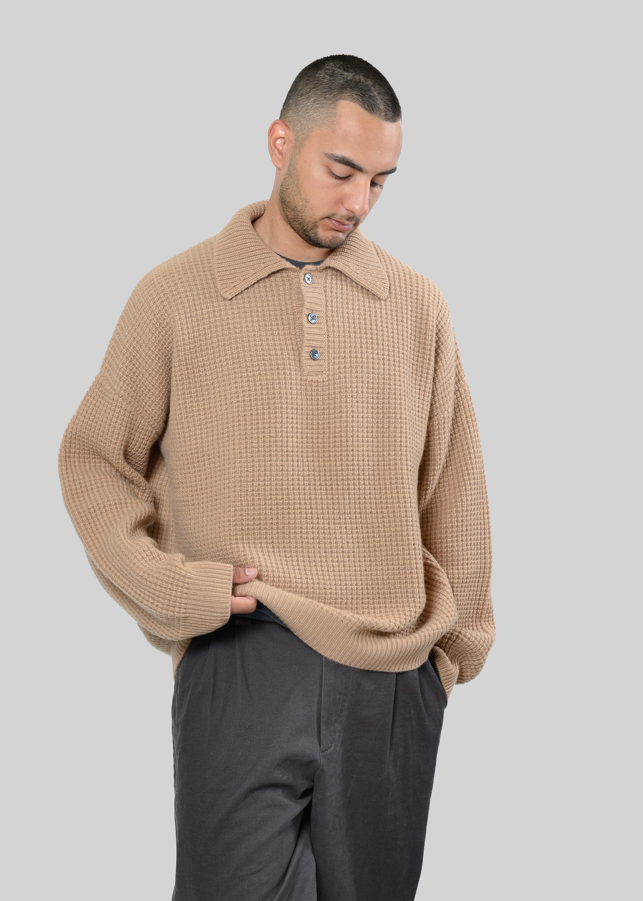 100% CASHMERE WAFFLE-KNIT POLO