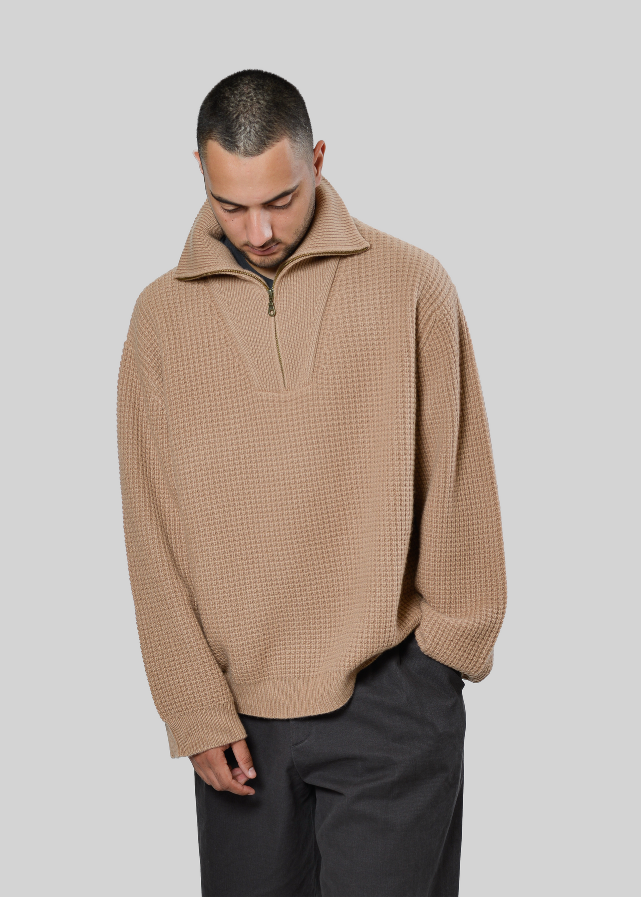 100% CASHMERE WAFFLE-KNIT QUARTER-ZIP